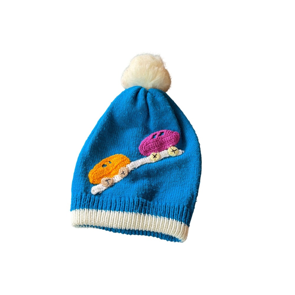 Beanie Teal Blue Car Applique Pom-Pom Knit Handmade Novelty Hat